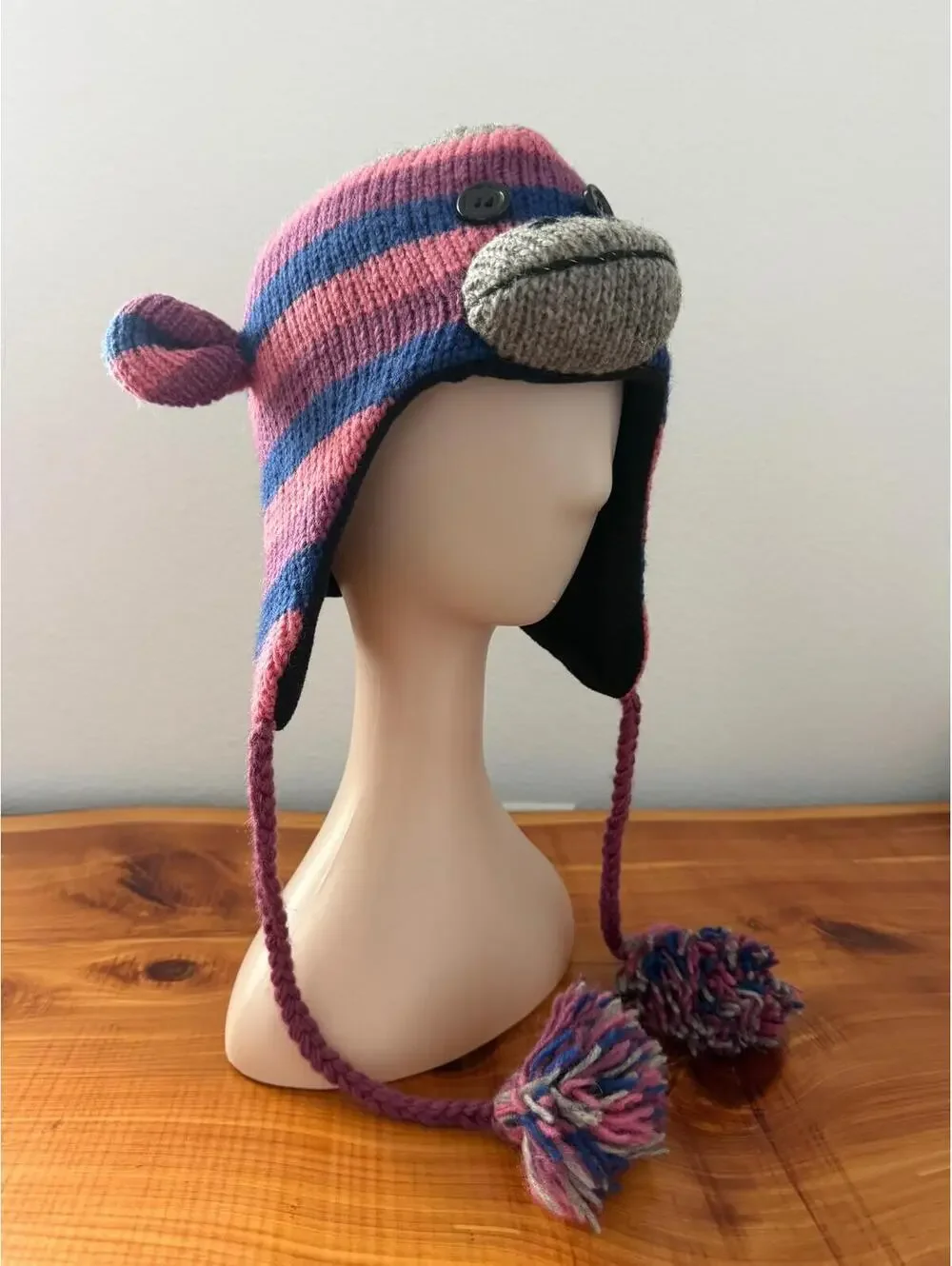 Knitwits 100% Wool Made in Nepal Monkey Earflaps Braided Tassels Hat Kids Size